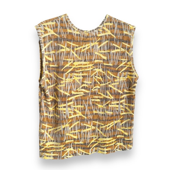 Women's Vintage Plissé Sleeveless Print Top brown & yellow hues - size Small - Picture 3 of 4